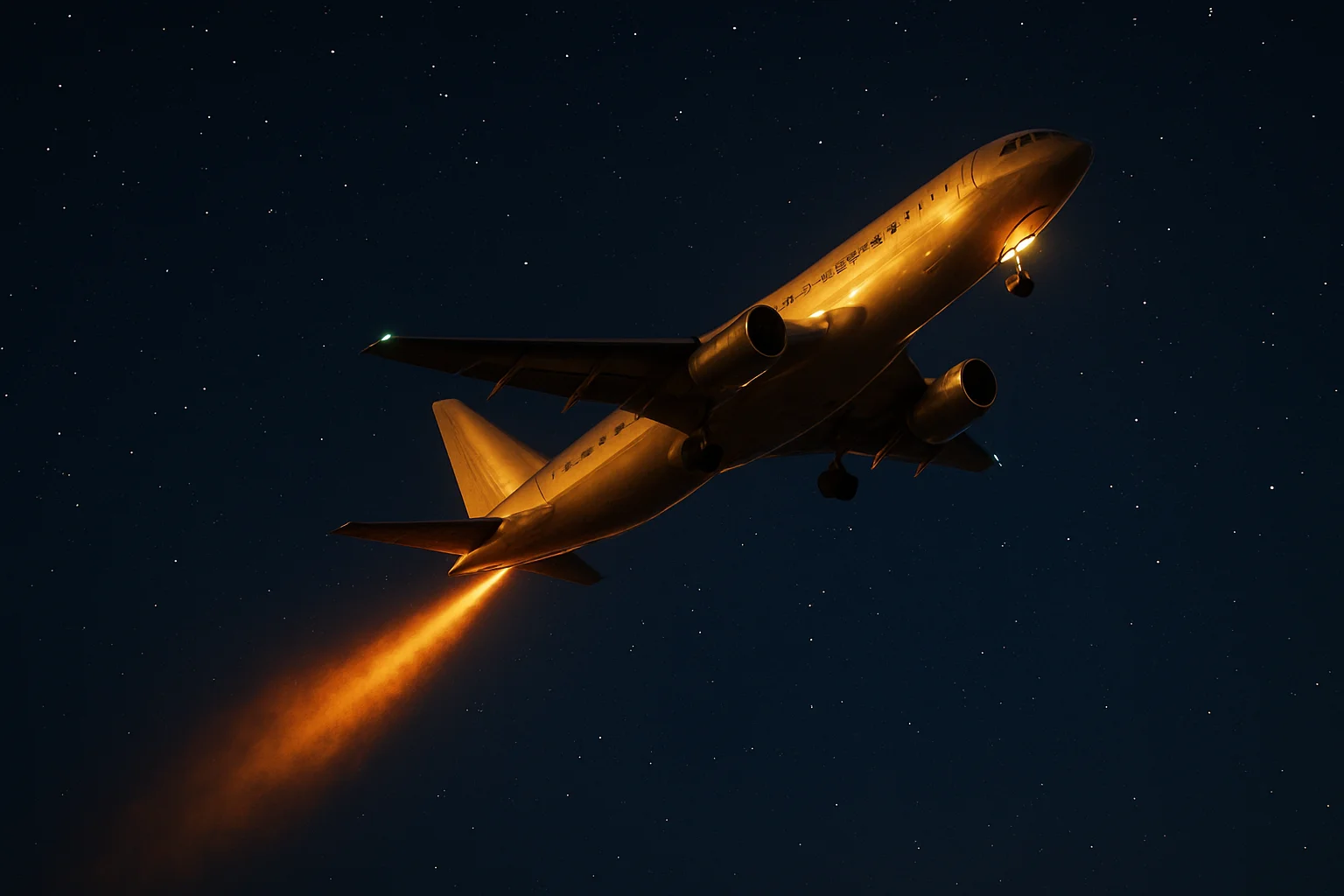 Illuminated aircraft ascending steeply in star-filled dark blue night sky