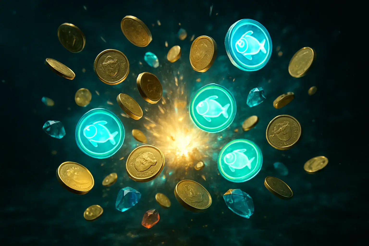 Cinematic underwater burst of fishing game rewards with coins, gems, glowing tokens
