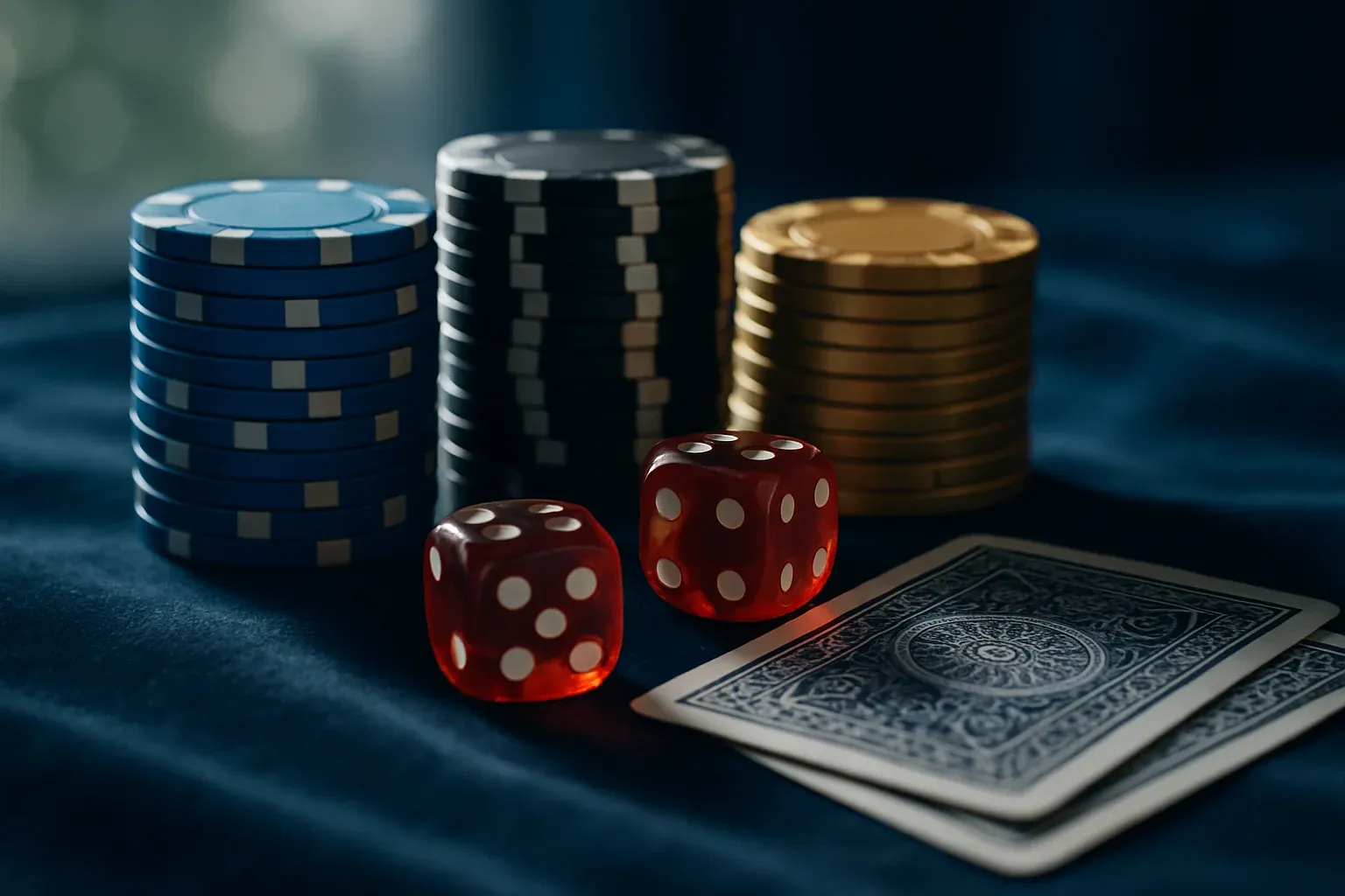 Ultra-realistic macro of poker chips, dice, and cards on blue velvet