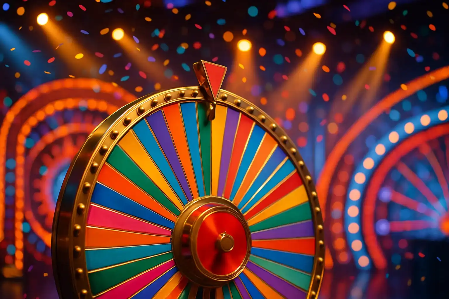 Ultra-realistic live casino game show studio with colorful spinning money wheel