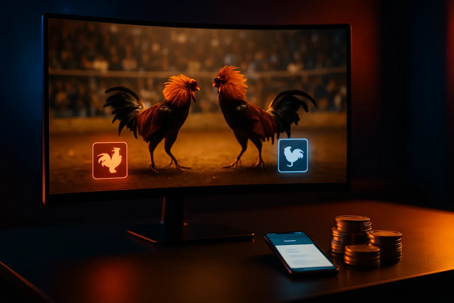 Cinematic online sabong betting desk with curved monitor, smartphone, and golden chips