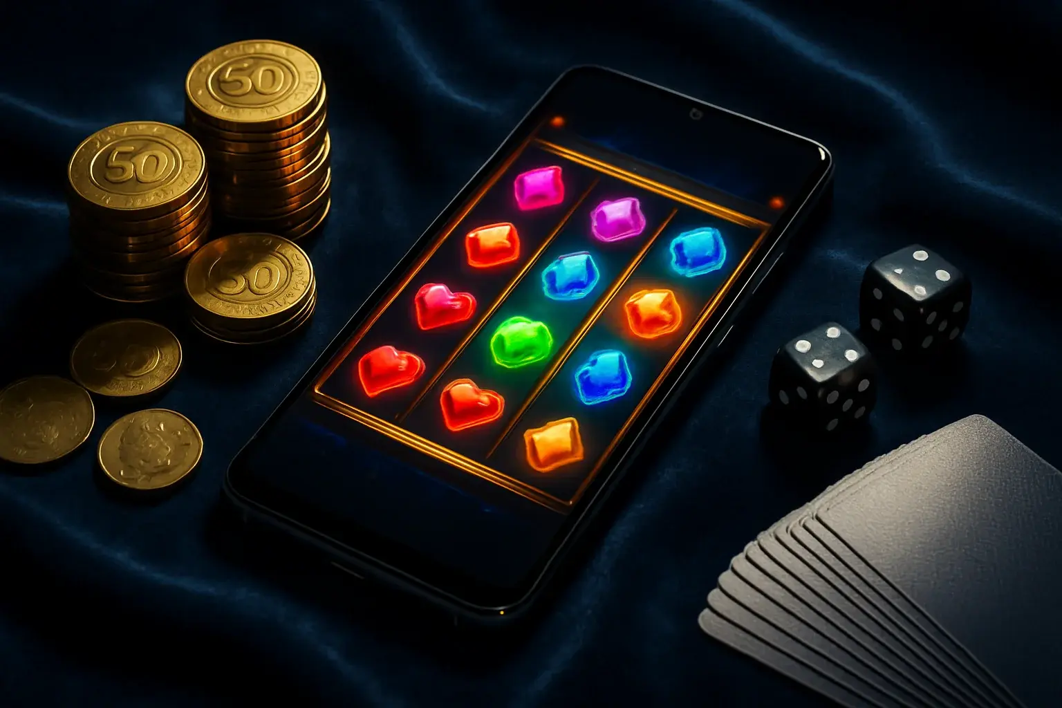 Smartphone showing colorful slot reels with casino chips, peso coins, dice