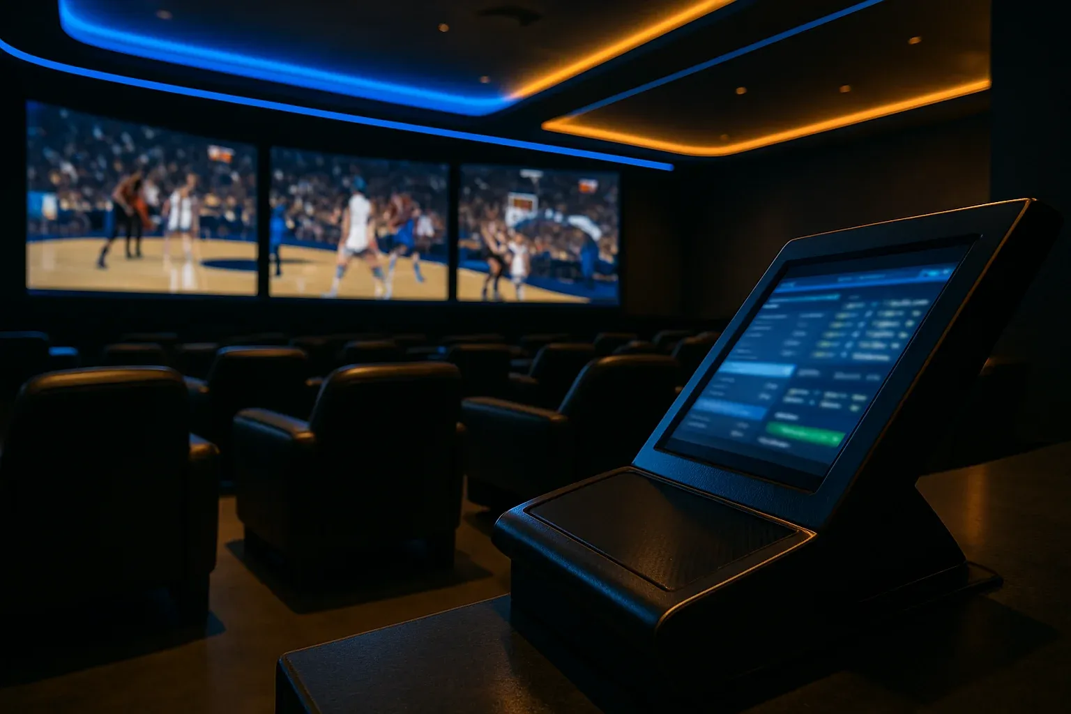 Cinematic Manila sports betting lounge with 4K screens and modern terminal